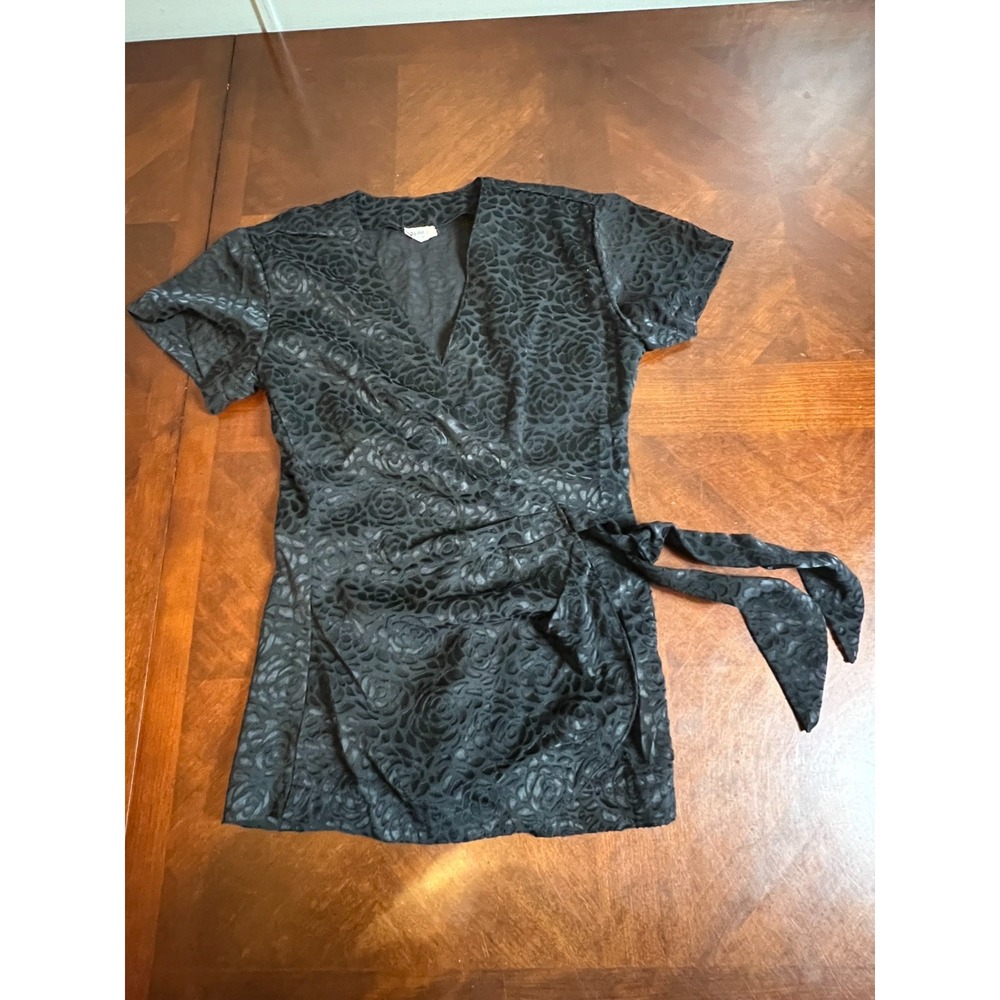 vtg Black Burnout Floral Wrap Top S Sheer Velvet Texture Short Sleeve Tie Waist